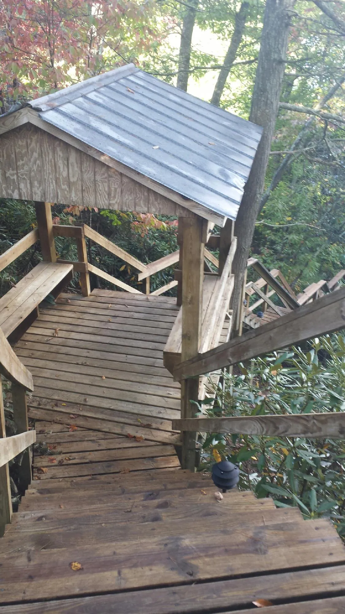 Metal roofed shelter over wooden steps on a wooded walkway — Skylight Repair & Installation work by our crew in Gotha